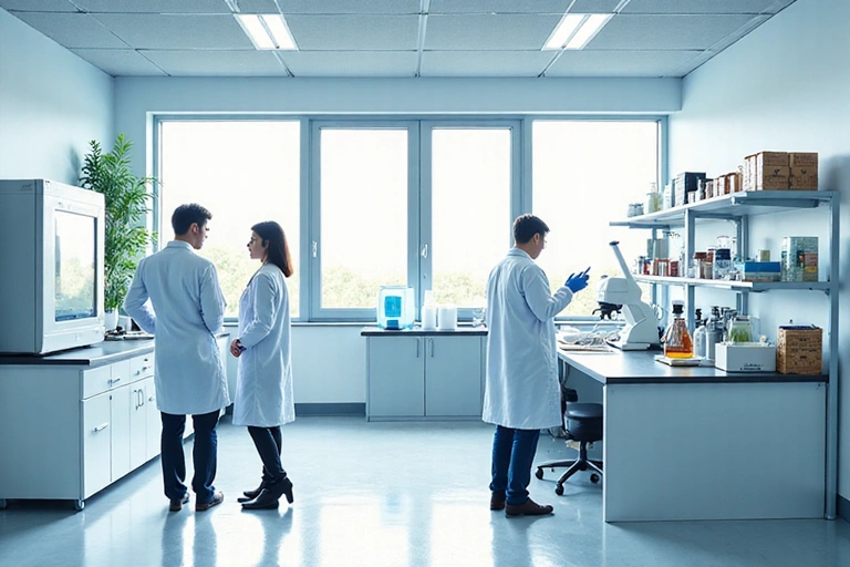 Obraz przedstawiający proces rozwoju produktu w Glucomenz, z naukowcami pracującymi w laboratorium, analizującymi próbki i dyskutującymi nad wynikami badań.